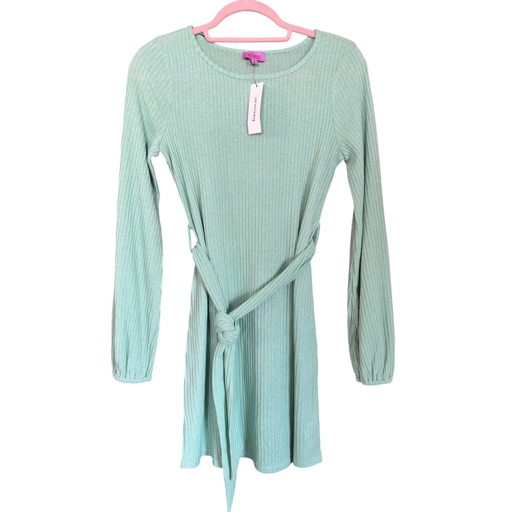 Mi Ami Ribbed Knit Dress S Mint Green Tie Waist Long Sleeve NWT Brunch Casual‎